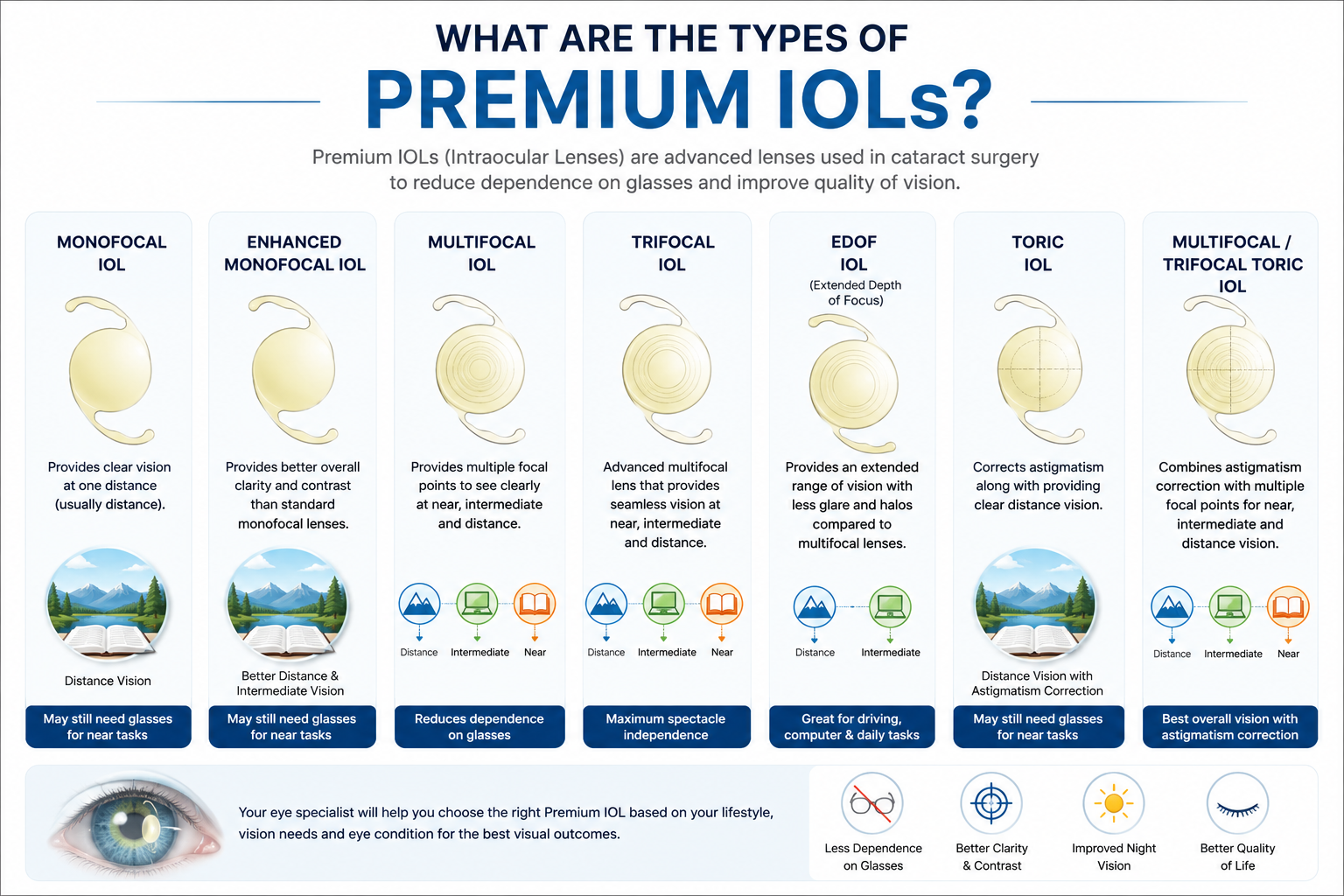 Types of premium intraocular lenses: Monofocal, Enhanced Monofocal, Multifocal, Trifocal, EDOF and Toric IOL comparison chart