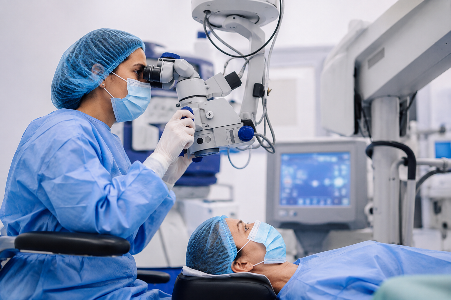 Ophthalmologist performing a detailed eye examination with a phoropter for cataract evaluation