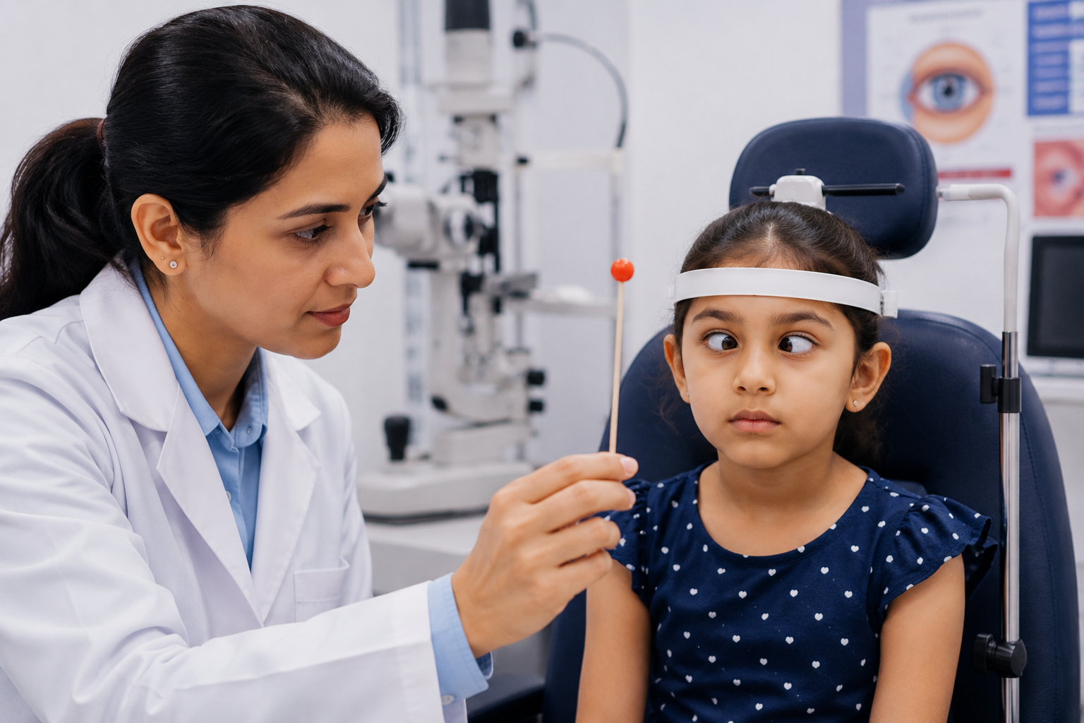 Patient wearing a trial frame during a squint and strabismus vision assessment