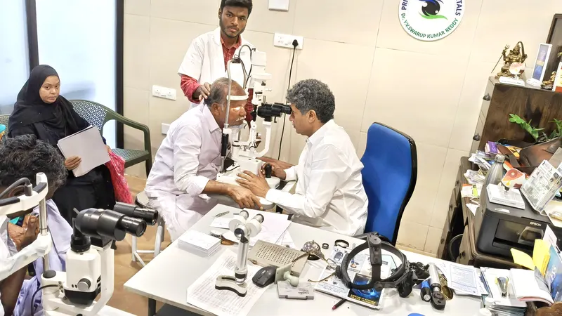 Ophthalmologist examining a patient during an eye check-up