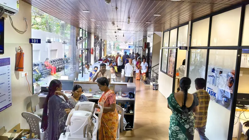 Busy waiting area with patients at Prime Vision Eye Hospitals